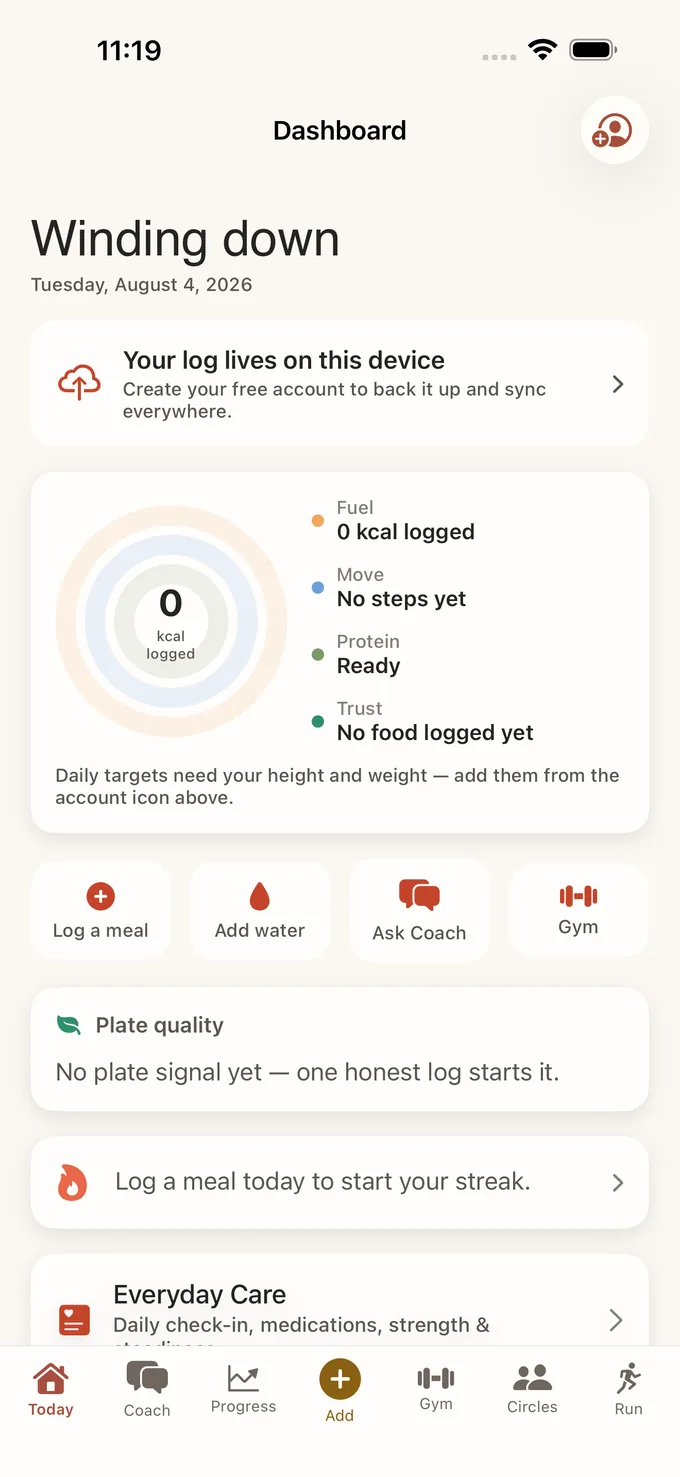 The Koydo Life daily screen: fuel, movement, protein and trust for the day, with one-tap buttons to log a meal, add water, ask your coach or open the gym.